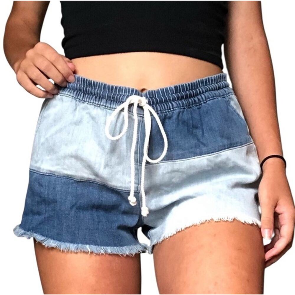 aerie Two-Tone Denim Patch Drawstring Shorts - Light & Dark Blue